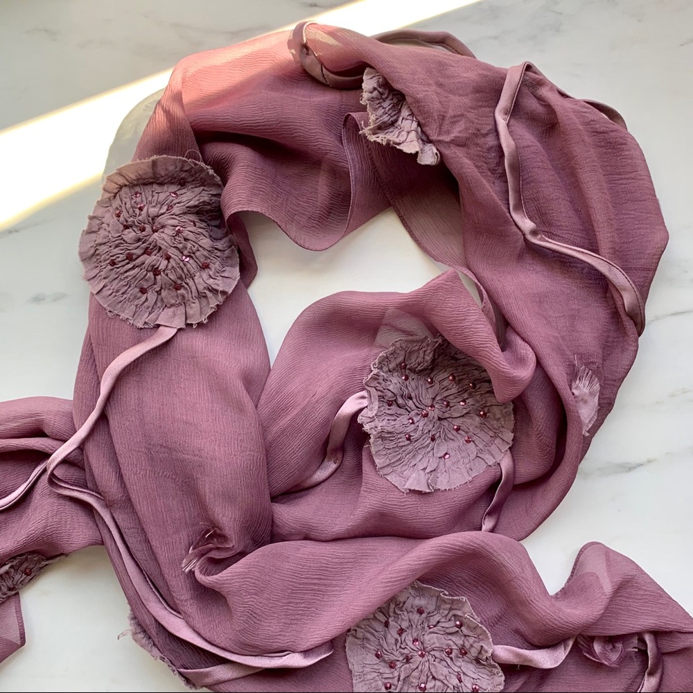 Crinkle Chiffon 100% Silk Scarf with Appliqué